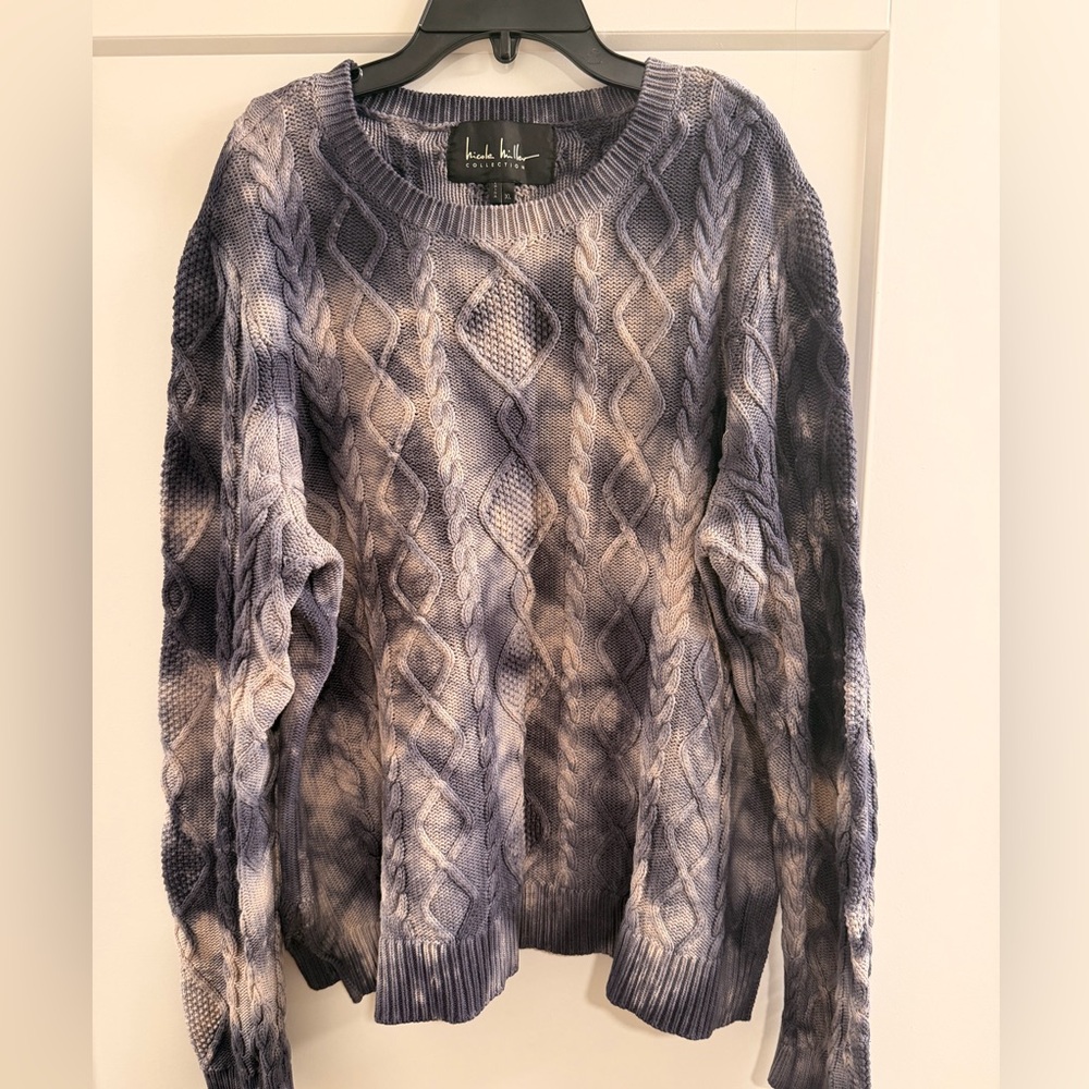 Nicole Miller Tye Dye Style Navy and Cream 100% Cotton Cable Knit Sweater